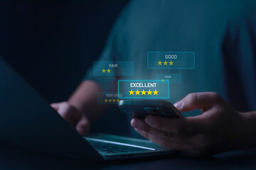 Businesspeople rate their satisfaction and praise the products and excellent service, customer care of employees. to express opinions and give 5 star	
