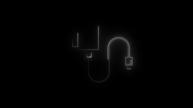 glowing neon white color mobile phone charger icon animation electric plug connection USB port USB cable sign symbol on black background.4k video animation .