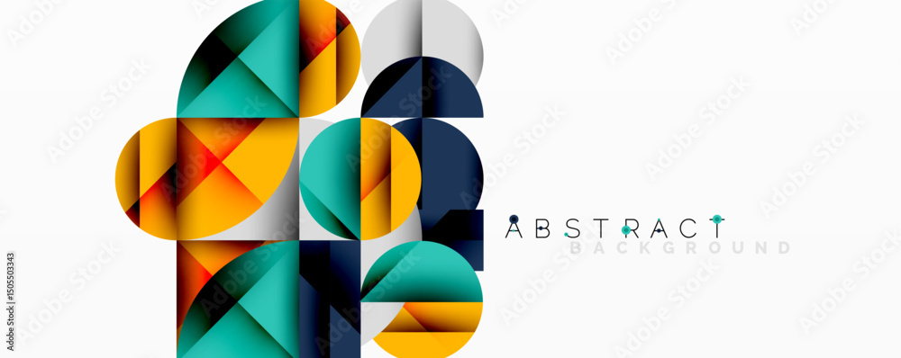 Poster Geometric shapes overlap creating colorful modern design. Minimalist composition with vibrant hues, clean lines, abstract background.