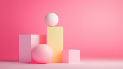 Fototapeta premium Colorful geometric shapes on pink background for creative design