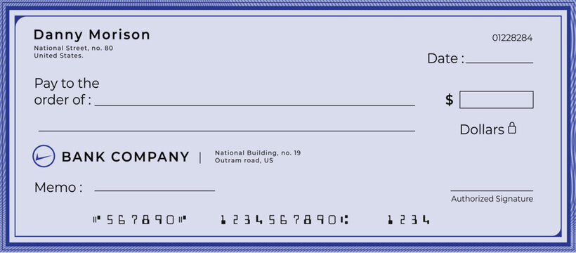 Large Blank cheque for managing finances, Blank Personal Cheque, Payment by cheque concept.
