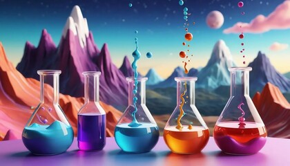 Vibrant Chemical Landscape: Erlenmeyer Flasks with Colorful Liquids against a Fantasy Mountain Backdrop