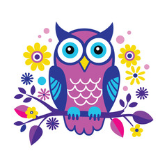 Fototapeta premium Cute wise cartoon owl character illustration on a tree branch, perfect for nature and animal-themed designs