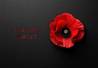Red poppy flower on dark background. Lest we forget. Remembrance, or Armistice, or Anzac Day background.	