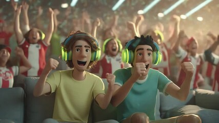 Fans celebrate during a thrilling soccer match in a vibrant stadium filled with excitement and colorful decorations