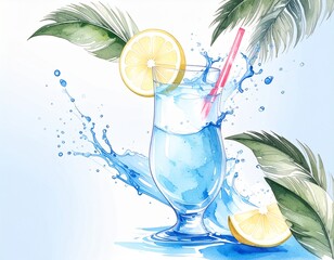 Kieliszek z drinkiem lub wodą i plasterkiem cytryny. Obok rozpryskująca się woda i liście palmy. Akwarela, ilustracja, białe tło