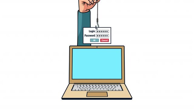 Phishing Attack Animation - Hacker Stealing Login Credentials with Fishing Hook. User enters login and password on a laptop, then a fishing hook steals login form.