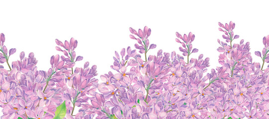 Obraz premium Lilac watercolor flowers sprigs. Template with copy space. Spring syringa frame, border isolated on white. Purple blossom of summertime. Botanical floral background. Clipart for design.