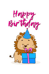 Cute Birthday Lion with a gift on a white background.