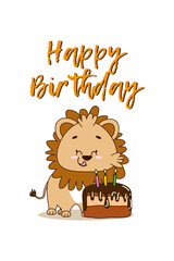 Cute Birthday Lion with a cake on a white background.