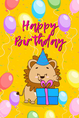 Cute Birthday Lion with gift and balloons.