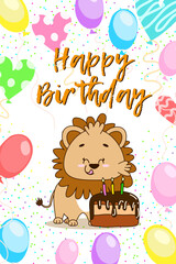Cute Birthday Lion with Cake and Balloons.