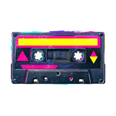 A colorful, neon colored cassette tape with a yellow stripe