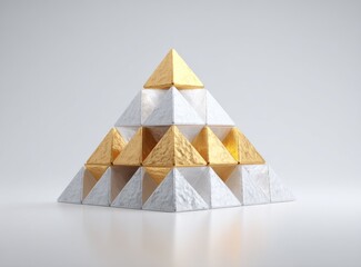 A pyramid structure composed of textured gold and white triangular prisms, arranged in layers on a reflective surface against a neutral backdrop