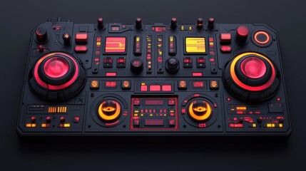 Fototapeta premium Futuristic DJ controller with red and orange illuminated buttons and knobs