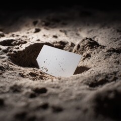 A blank, slightly speckled white card is half-buried in light brown sand, dramatically lit from above in a dark setting