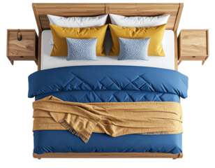  “Top View of Modern Bed with Geometric Bedspread and Wooden Frame, PNG”.