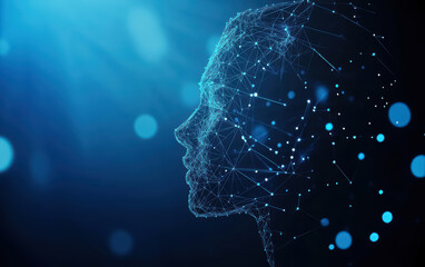 Abstract digital blue woman's face on a blue background with copy space and bokeh effect. Artificial intelligence concept of big data or cyber security. 