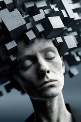 Visage masculin entouré de cubes géométriques noirs et blancs abstrait