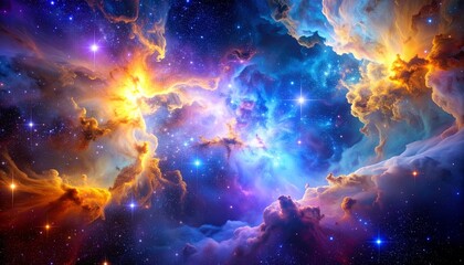 Fototapeta premium Vivid Cosmic Landscape: A High-Resolution Nebula with Blazing Colors and Distant Stars.