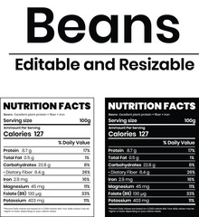 Nutrition facts of beans, nutrition level, supplement facts, supplement level isolated on white and black background