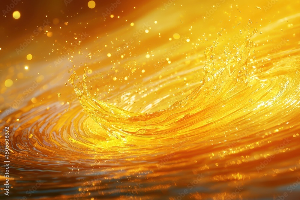 Wall mural golden liquid splash with sparkling light reflections creating a dynamic and energetic abstract back