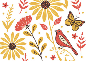colorful floral pattern with a bird and flowers