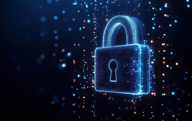 Blue padlock on digital futuristic tech bokeh background. Cyber security, data protection, internet network, data encryption, protect data from cyber attack. Firewall antivirus from hacker attack.