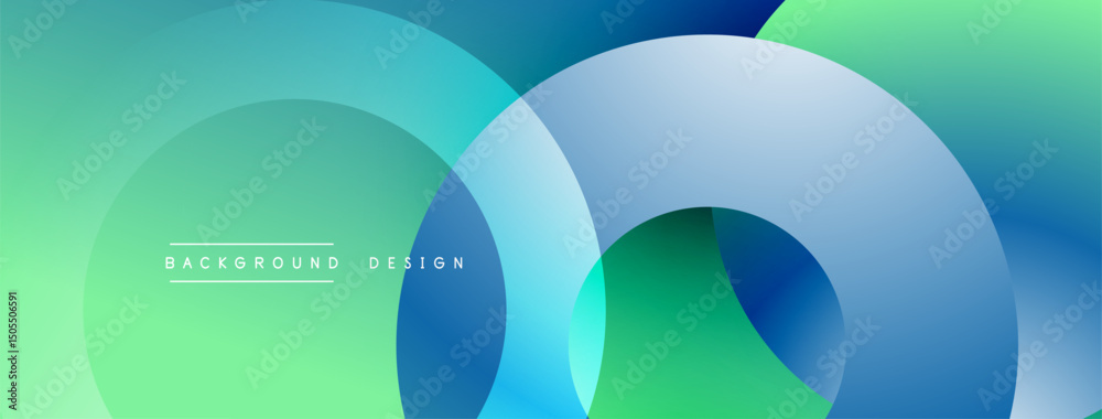 Poster abstract design features overlapping circles. gradient colors blend blue, green hues. modern aesthet