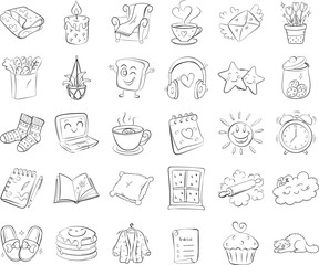 Cozy hand-drawn doodles of home and everyday comfort objects