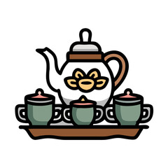 An Elegant Tea Set with a Dark Brown Tea Pot Three Green Cups and One Small Cup All on a Brown Tray