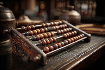 Antique wooden abacus rests on dark wood surface, surrounded by aged, blurred background objects suggesting a historical setting