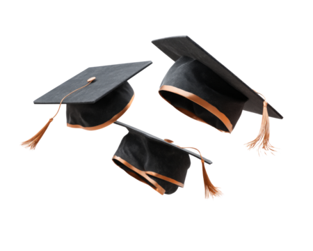 Three graduation caps are shown in the air, with the tassels hanging down