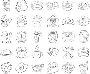 Hand-drawn doodles of coffee, breakfast, and kitchen elements