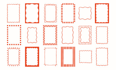 Vintage cute whimsical vector frames set. Decorative elegant retro wavy striped checkered wedding invitation borders