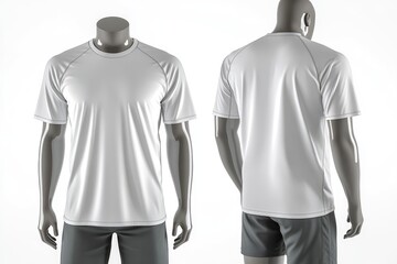 White athletic shirt displayed on mannequins, front and back views, showcasing raglan sleeves and a crew neck