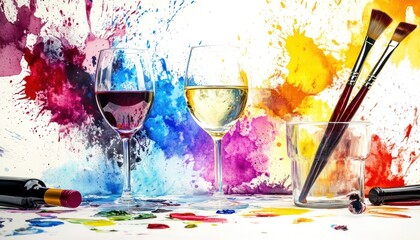 Vibrant art and wine night promotional banner featuring paintbrushes, wine glasses, and colorful artistic splashes.