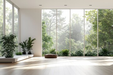 Fototapeta premium Sunlit Modern Living Room with Large Windows Overlooking Lush Greenery and Indoor Plants