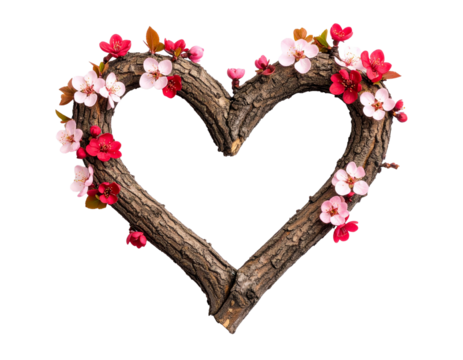 Heart-shaped tree branch with blooming cherry blossoms, rustic floral spring decoration  isolated on transparent or white background	
 