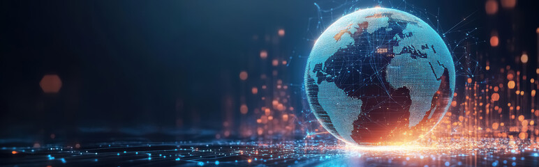 Glowing neon globe planet Earth against blue bokeh background. Concept of digital logistics and business, metaverse, crypto technologies, science. 