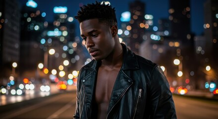 Fototapeta premium Young man in open jacket posing in vibrant night city scene with bokeh lights