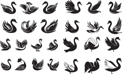 Obraz premium Black Swan Silhouettes Vector Collection, Graceful swan Bird Icons vector Art Design, Swan Clipart bundle