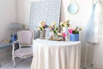 Interior room boudoir or french style. Bedroom interior for girls or women with armchair, table...