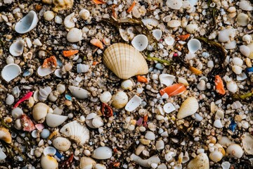 Fototapeta premium Microplastic particles scattered across a beach coastal environment nature photography close-up view environmental concerns and pollution effects