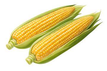 Two Ripe Corn Cobs with Green Leaves on Transparent Background