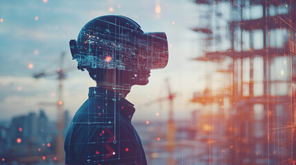 Construction worker using (AR) helmet to overlay blueprints on a building site