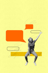 Image vertical 3d collage poster of happy girl guy sit receive message communication icon dialogue...