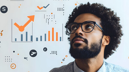 businessman uses a magnifying glass to focus on a percentage symbol surrounded by global currency symbols, highlighting interest rates and forex trends