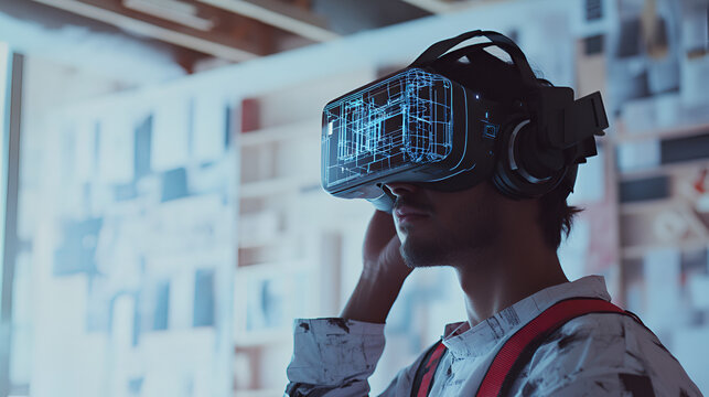 Construction worker using (AR) helmet to overlay blueprints on a building site - Powered by Adobe