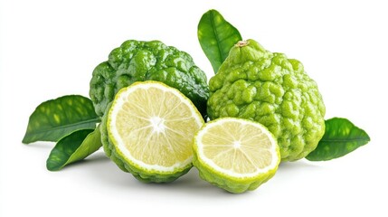 Whole and sliced bergamot orange with fresh green leaves, isolated on white, highlighting its rich citrus aroma and heritage.